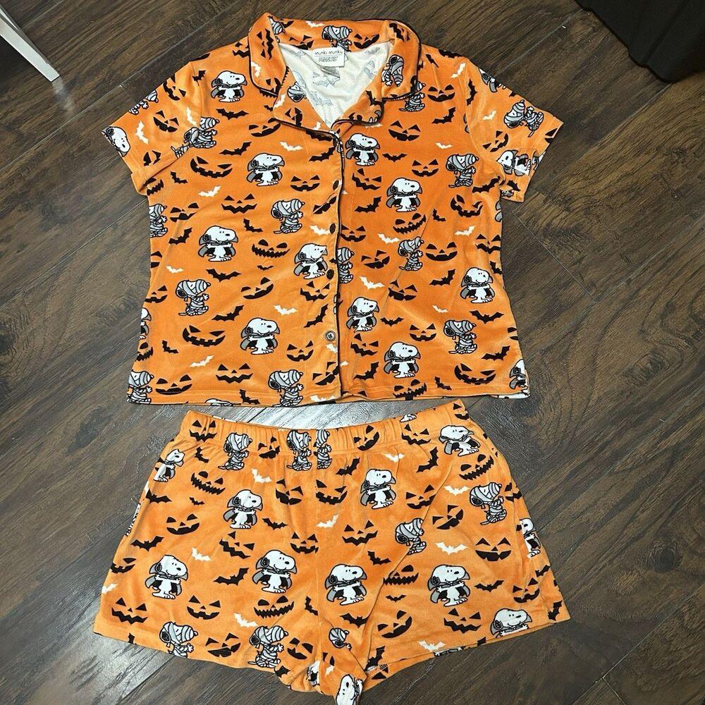 Peanuts Snoopy Halloween Bats Orange Women's XL Soft Cozy Pajama Set Munki Munki